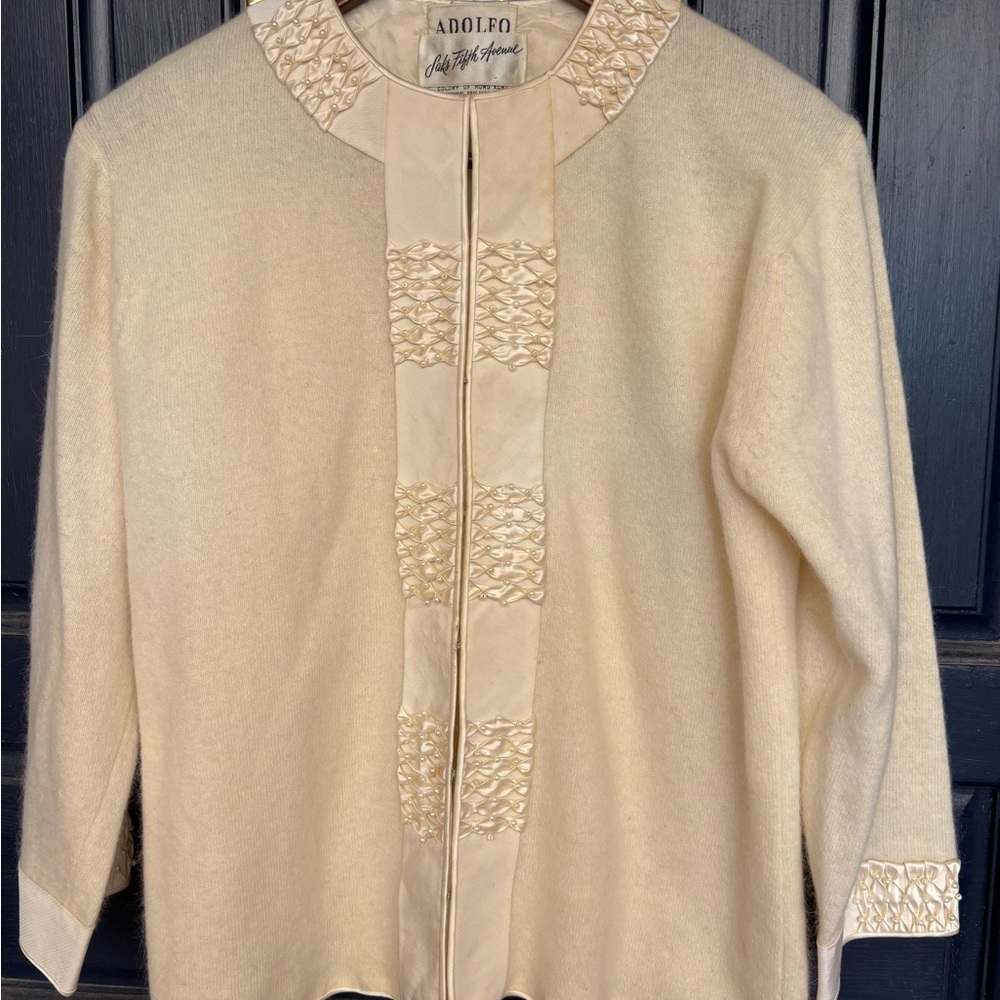 VTG Pearl Beaded Cardi Lined Sweater sz S Angora ADOLFO 30-40-50's thrifted